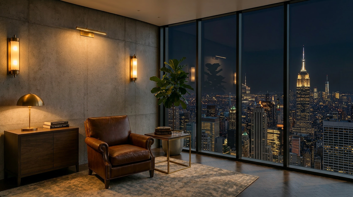 Sala executiva AF Group à noite com vista para a cidade iluminada